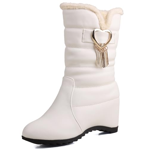 MJIASIAWA Damen Halbschaft Warm Keilabsatz Schneestiefel Runde Zehen Winter Pelzgefüttert Draußen Ohne Verschluss Bogen Stiefeletten Mädchen Weiß Gr 41 EU/43 Asiatisch von MJIASIAWA