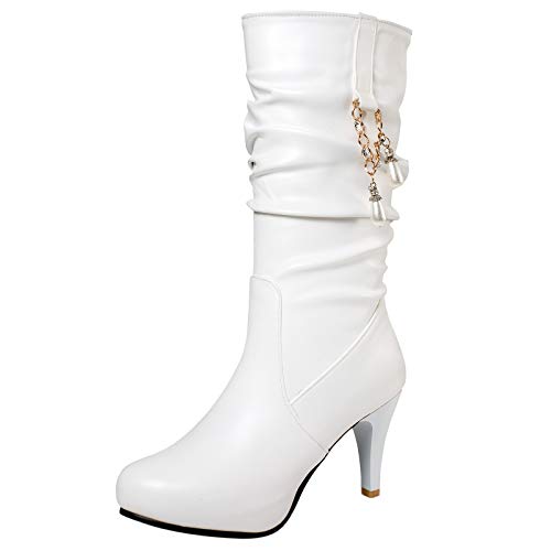 MJIASIAWA Damen Halbschaft Winter Hochzeit Höhe Ferse Kleid Slouch Stiefel Ohne Verschluss Party Comfy Warm Plateau Boots Bride Weiß Gr 45 EU/47 Asiatisch von MJIASIAWA