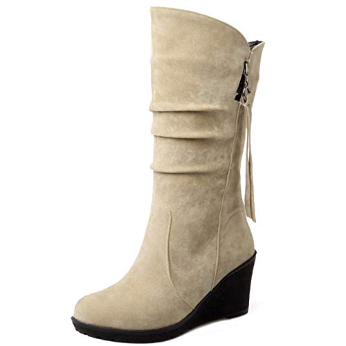 MJIASIAWA Damen Halbschaft Winter Warm Draußen Plateau Keilabsatz Schneestiefel Ohne Verschluss Runde Zehen Klassischer Slouch Stiefel Beige/Dl Gr 48 EU/50 Asiatisch von MJIASIAWA