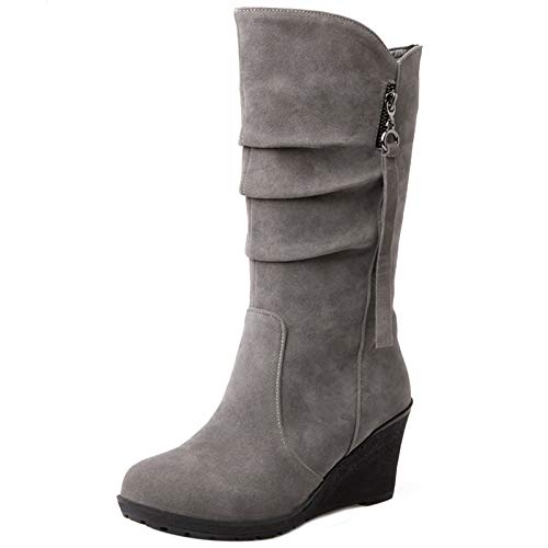 MJIASIAWA Damen Halbschaft Winter Warm Draußen Plateau Keilabsatz Schneestiefel Ohne Verschluss Runde Zehen Klassischer Slouch Stiefel Grau/Hm Gr 36 EU von MJIASIAWA