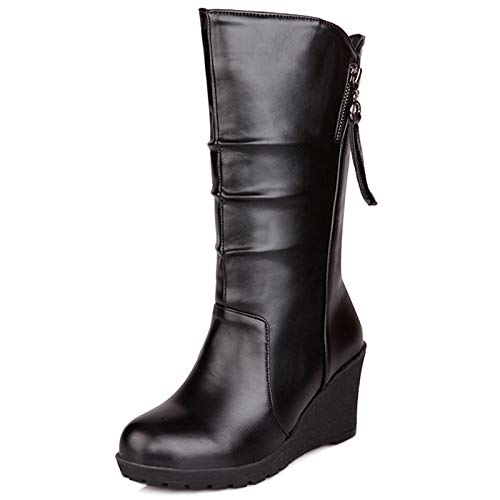 MJIASIAWA Damen Halbschaft Winter Warm Draußen Plateau Keilabsatz Schneestiefel Ohne Verschluss Runde Zehen Klassischer Slouch Stiefel Schwarz/Dl Gr 38 EU/39 Asiatisch von MJIASIAWA