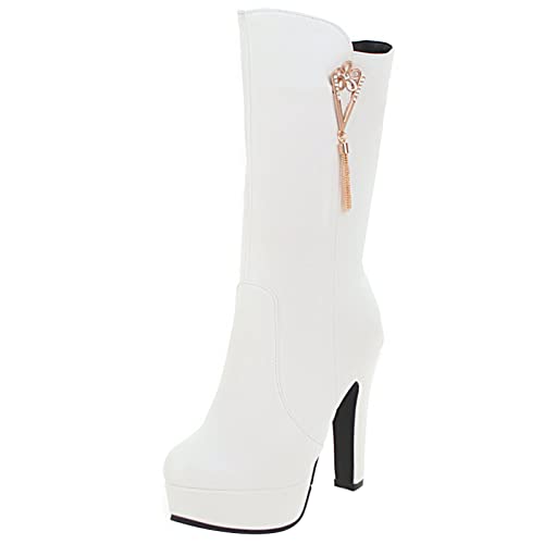 MJIASIAWA Damen Hochzeit Blockabsatz Halbschaft Kleid Reißverschluss Reitstiefel Runde Zehen Warm Höhe Ferse Plateau Boots Abend Weiß Gr 39 EU/40 Asiatisch von MJIASIAWA