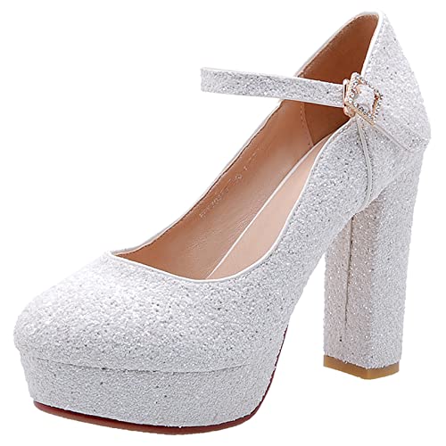 MJIASIAWA Damen Hochzeit Chunky Höhe Ferse Knöchelriemchen Pumps Mode Sequins Prom Closed Toe Abend Block Pumps Weiß Gr 37 EU/38 Asiatisch von MJIASIAWA