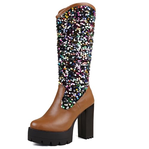 MJIASIAWA Damen Hochzeit Knee High Pailletten Plateau Stiefel Runde Zehen Winter Mode Ohne Verschluss Warm Blockabsatz Riding Stiefeletten Braun Gr 36 EU von MJIASIAWA