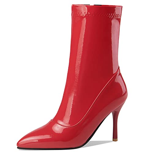 MJIASIAWA Damen Hochzeit Lack Stiefeletten Stiletto Abend Elegant Pointed Toe Mode Halbschaft Hochzeit Boots Rot Gr 43 EU/45 Asiatisch von MJIASIAWA