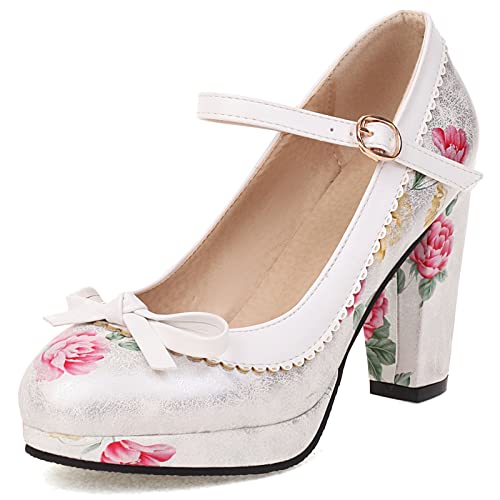 MJIASIAWA Damen Hochzeit Mary Jane Blockabsatz Knöchelriemchen Blumen Schuhe Closed Toe Chunky Plateau Kleid Party Pumps Bows Weiß Gr 37 EU/38 Asiatisch von MJIASIAWA