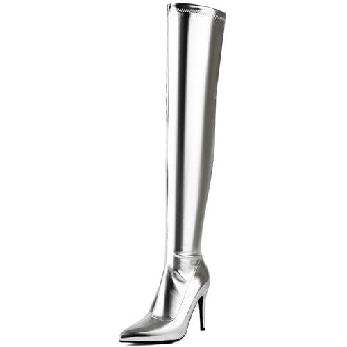 MJIASIAWA Damen Hochzeit Party Stiletto Overknees Stretch Stiefel Elegant Abend Höhe Ferse Winter Formal Oberschenkelhohe Stiefel Pointed Toe Silber/10Cm Gr 39 EU/40 Asiatisch von MJIASIAWA
