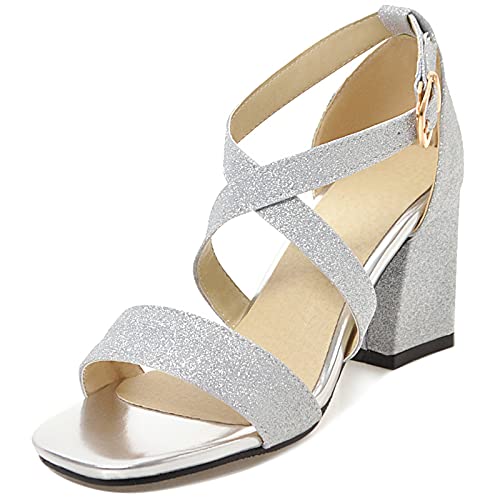 MJIASIAWA Damen Hochzeit Party Strappy Offene Zeh Mode Blockabsatz Sandalen Elegant Abend Höhe Ferse Schuhe Party Silber Gr 37 EU/38 Asiatisch von MJIASIAWA