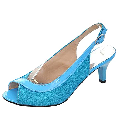 MJIASIAWA Damen Hochzeit Sequins Peep Toe Slingback Stiletto Pumps Kitten Heel Mode Bride Kleid Abend Prom Schuhe Blau Gr 45 EU/47 Asiatisch von MJIASIAWA