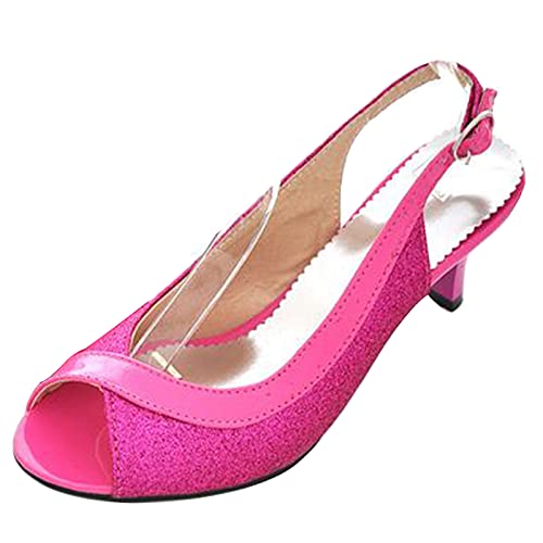 MJIASIAWA Damen Hochzeit Sequins Peep Toe Slingback Stiletto Pumps Kitten Heel Mode Bride Kleid Abend Prom Schuhe Rose-Rot Gr 46 EU/48 Asiatisch von MJIASIAWA