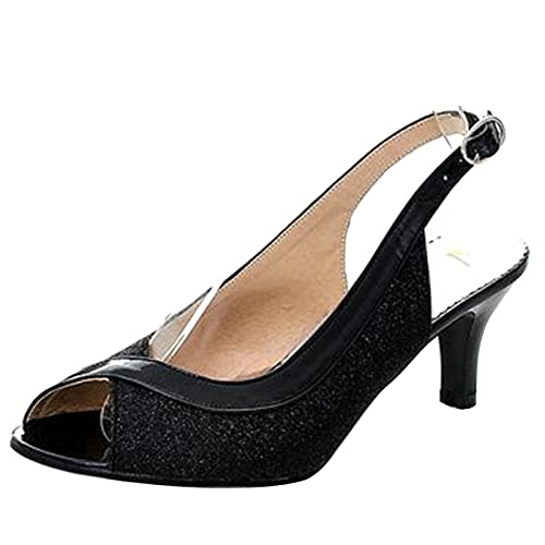 MJIASIAWA Damen Hochzeit Sequins Peep Toe Slingback Stiletto Pumps Kitten Heel Mode Bride Kleid Abend Prom Schuhe Schwarz Gr 38 EU/39 Asiatisch von MJIASIAWA