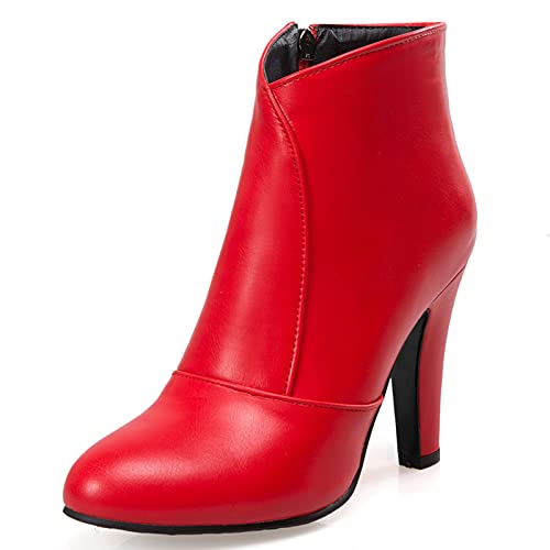 MJIASIAWA Damen Höhe Ferse Pointed Toe Winter Abend Warm Stiefeletten Reißverschluss Buro Kleid Hochzeit Warm Chelsea Mode Boots Rot Gr 45 EU/47 Asiatisch von MJIASIAWA