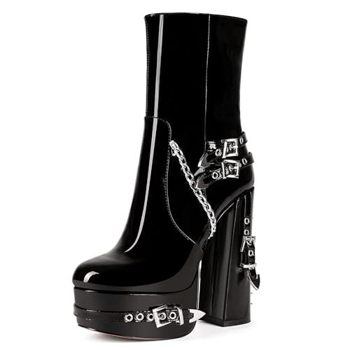 MJIASIAWA Damen Hohen Blockabsatz Lack Stiefeletten Schnalle Runde Zehen Winter Chunky Mode Punk Stiefeletten Ketten Schwarz Gr 43 EU/45 Asiatisch von MJIASIAWA
