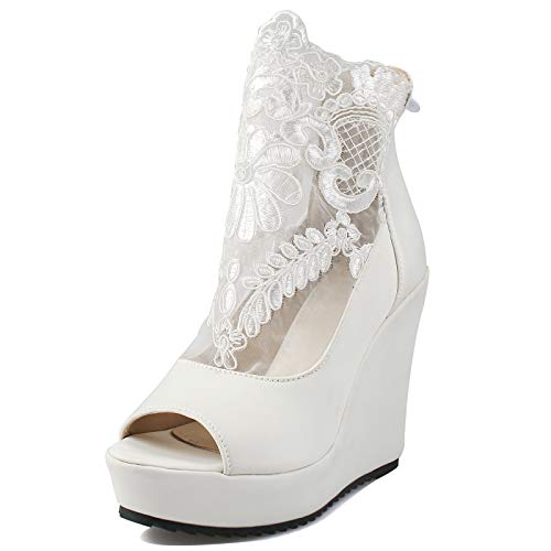 MJIASIAWA Damen Hohen Keilabsatz Peep Toe Hochzeit Elegant Stiefeletten Reißverschluss Bride Kleid Mode Abend Mesh Stiefeletten Weiß Gr 44 EU/46 Asiatisch von MJIASIAWA