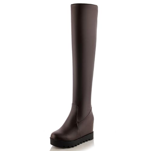 MJIASIAWA Damen Keilabsatz Plateau Overknee Stiefel Abend Warm Runde Zehen Winter Elegant Long Booty Braun Gr 40.5 EU/42 Asiatisch von MJIASIAWA
