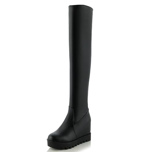 MJIASIAWA Damen Keilabsatz Plateau Overknee Stiefel Abend Warm Runde Zehen Winter Elegant Long Booty Schwarz Gr 37 EU/38 Asiatisch von MJIASIAWA