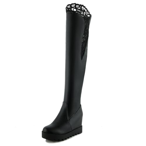 MJIASIAWA Damen Keilabsatz Plateau Overknee Stiefel Abend Warm Runde Zehen Winter Elegant Long Booty Schwarz Gr 40.5 EU/42 Asiatisch von MJIASIAWA