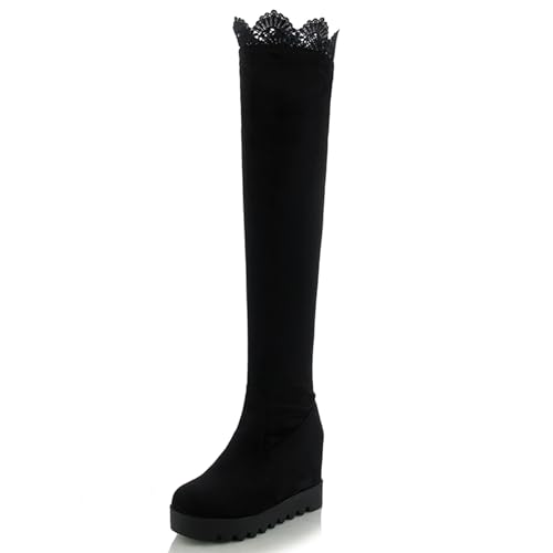 MJIASIAWA Damen Keilabsatz Plateau Overknee Stiefel Abend Warm Runde Zehen Winter Elegant Long Booty Schwarz-S Gr 39 EU/40 Asiatisch von MJIASIAWA