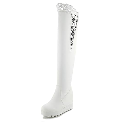 MJIASIAWA Damen Keilabsatz Plateau Overknee Stiefel Abend Warm Runde Zehen Winter Elegant Long Booty Weiß Gr 36.5 EU/37 Asiatisch von MJIASIAWA