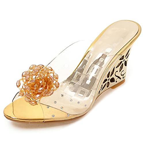 MJIASIAWA Damen Keilabsatz Sommer Pantoffeln Transparent Pantoffeln Sandalen Peep Toe Pantoletten Ohne Verschluss Blume Party Schuhe Gold Gr 40.5 EU/42 Asiatisch von MJIASIAWA