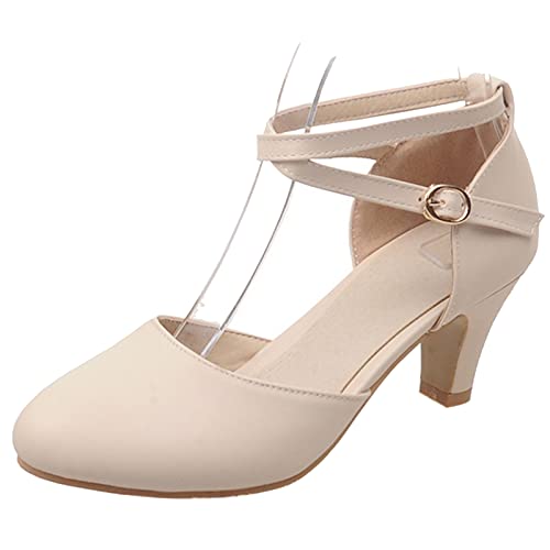 MJIASIAWA Damen Kitten Heel Closed Toe Sandalen Schnalle Knöchelriemchen Elegant Höhe Ferse Mode Hochzeit Schuhe Beige Gr 33 Eu von MJIASIAWA