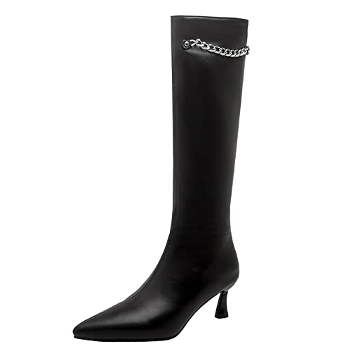 MJIASIAWA Damen Kitten Heel Kleid Knee Pointed Toe Boots Reißverschluss Chains Mode Stiletto Hochzeit Boots Riding Schwarz Gr 38 EU/39 Asiatisch von MJIASIAWA
