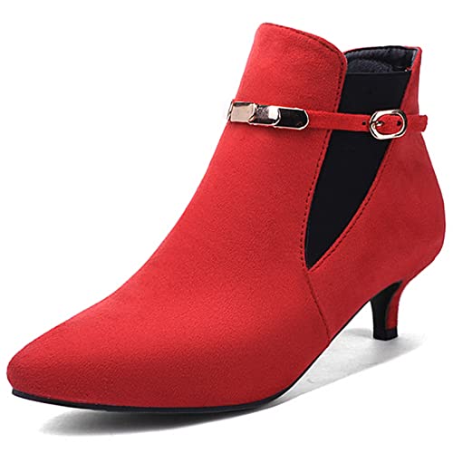 MJIASIAWA Damen Kitten Heel Mode Chelsea Stiefel Kleid Abend Mode Pointed Toe Elegant Winter Stiefeletten Rot Gr 39 EU/40 Asiatisch von MJIASIAWA