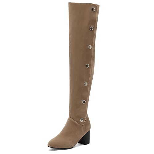 MJIASIAWA Damen Klassische Button Overknees Reitstiefel Blockabsatz Runde Zehen Winter Mode Chunky Long Booty Warm Beige Gr 40.5 EU/42 Asiatisch von MJIASIAWA