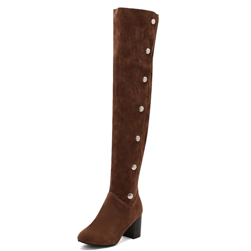 MJIASIAWA Damen Klassische Button Overknees Reitstiefel Blockabsatz Runde Zehen Winter Mode Chunky Long Booty Warm Braun Gr 40.5 EU/42 Asiatisch von MJIASIAWA