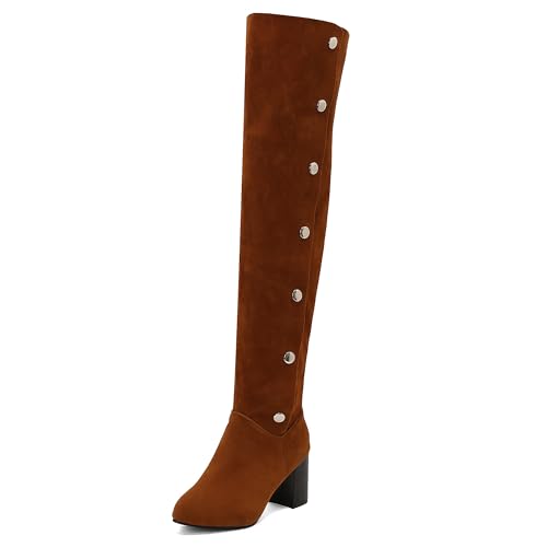 MJIASIAWA Damen Klassische Button Overknees Reitstiefel Blockabsatz Runde Zehen Winter Mode Chunky Long Booty Warm Gelb Gr 34 EU von MJIASIAWA