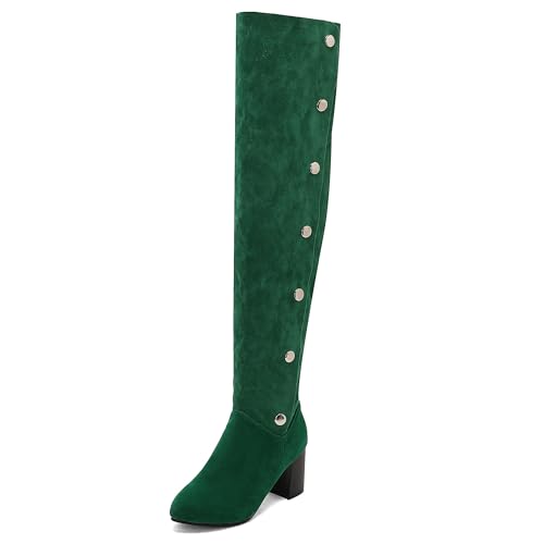 MJIASIAWA Damen Klassische Button Overknees Reitstiefel Blockabsatz Runde Zehen Winter Mode Chunky Long Booty Warm Grün Gr 34 EU von MJIASIAWA