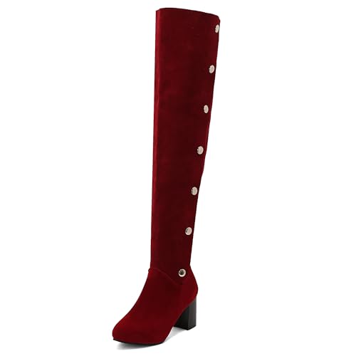 MJIASIAWA Damen Klassische Button Overknees Reitstiefel Blockabsatz Runde Zehen Winter Mode Chunky Long Booty Warm Rot Gr 40 EU/41 Asiatisch von MJIASIAWA