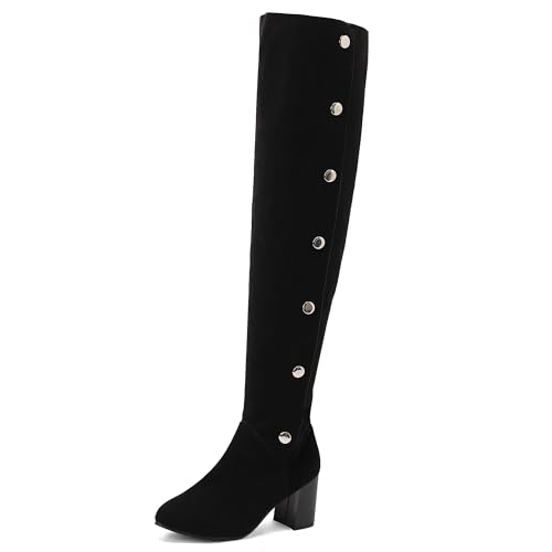 MJIASIAWA Damen Klassische Button Overknees Reitstiefel Blockabsatz Runde Zehen Winter Mode Chunky Long Booty Warm Schwarz Gr 40.5 EU/42 Asiatisch von MJIASIAWA