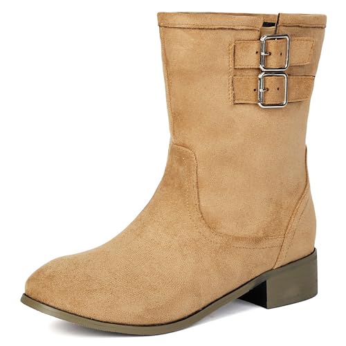 MJIASIAWA Damen Klassische Runde Zehen Chelsea Stiefel Komfort Winter Draußen Franse Equestrian Schnalle Riding Stiefeletten Beige Gr 40.5 EU/42 Asiatisch von MJIASIAWA