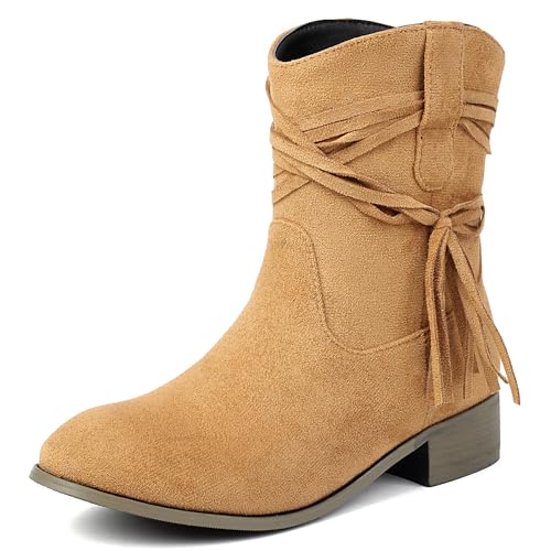 MJIASIAWA Damen Klassische Runde Zehen Chelsea Stiefel Komfort Winter Draußen Franse Equestrian Schnalle Riding Stiefeletten Braun Gr 38 EU/39 Asiatisch von MJIASIAWA