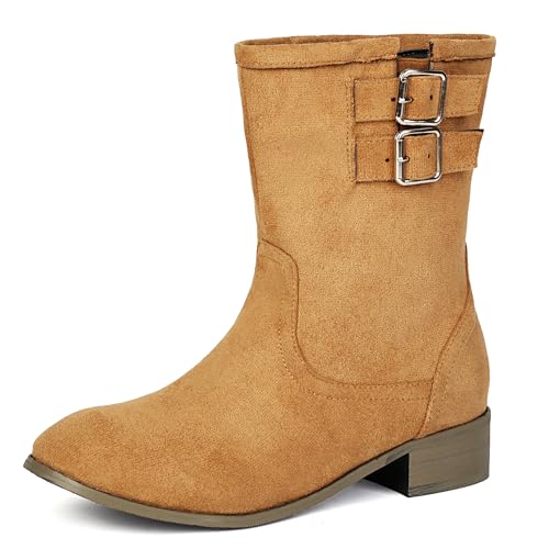 MJIASIAWA Damen Klassische Runde Zehen Chelsea Stiefel Komfort Winter Draußen Franse Equestrian Schnalle Riding Stiefeletten Braun Gr 38 EU/39 Asiatisch von MJIASIAWA