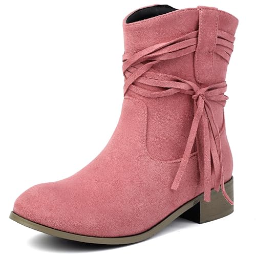 MJIASIAWA Damen Klassische Runde Zehen Chelsea Stiefel Komfort Winter Draußen Franse Equestrian Schnalle Riding Stiefeletten Pink Gr 39 EU/40 Asiatisch von MJIASIAWA