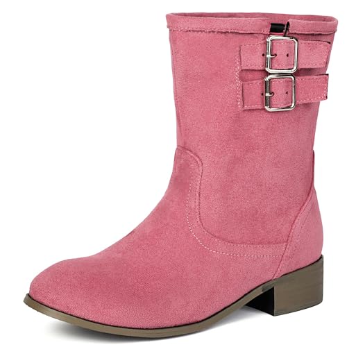 MJIASIAWA Damen Klassische Runde Zehen Chelsea Stiefel Komfort Winter Draußen Franse Equestrian Schnalle Riding Stiefeletten Pink Gr 40.5 EU/42 Asiatisch von MJIASIAWA