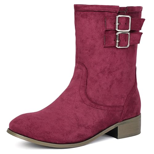 MJIASIAWA Damen Klassische Runde Zehen Chelsea Stiefel Komfort Winter Draußen Franse Equestrian Schnalle Riding Stiefeletten Rotwein Gr 34 EU von MJIASIAWA