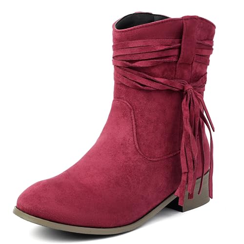 MJIASIAWA Damen Klassische Runde Zehen Chelsea Stiefel Komfort Winter Draußen Franse Equestrian Schnalle Riding Stiefeletten Rotwein Gr 40 EU/41 Asiatisch von MJIASIAWA