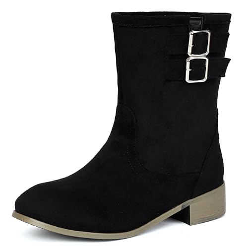 MJIASIAWA Damen Klassische Runde Zehen Chelsea Stiefel Komfort Winter Draußen Franse Equestrian Schnalle Riding Stiefeletten Schwarz Gr 41 EU/43 Asiatisch von MJIASIAWA