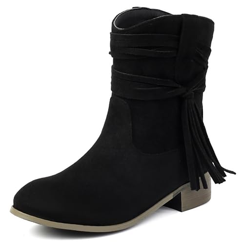 MJIASIAWA Damen Klassische Runde Zehen Chelsea Stiefel Komfort Winter Draußen Franse Equestrian Schnalle Riding Stiefeletten Schwarz Gr 45 EU/47 Asiatisch von MJIASIAWA