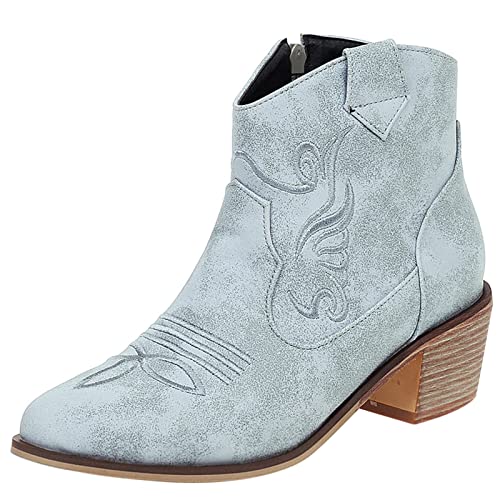 MJIASIAWA Damen Klassischer Ankle Cowboy Chelsea Blockabsatz Reißverschluss Western Embroiderot Boots Chunky Leisure Winter Comfy Boots Blau Gr 40.5 EU/42 Asiatisch von MJIASIAWA