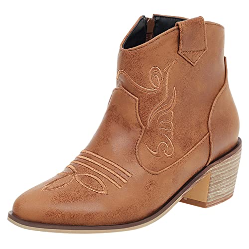 MJIASIAWA Damen Klassischer Ankle Cowboy Chelsea Blockabsatz Reißverschluss Western Embroiderot Boots Chunky Leisure Winter Comfy Boots Gelb Gr 38 EU/39 Asiatisch von MJIASIAWA