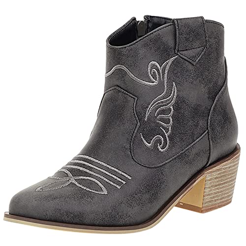 MJIASIAWA Damen Klassischer Ankle Cowboy Chelsea Blockabsatz Reißverschluss Western Embroiderot Boots Chunky Leisure Winter Comfy Boots Grau Gr 39 EU/40 Asiatisch von MJIASIAWA