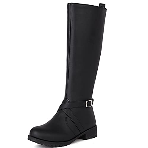MJIASIAWA Damen Klassischer Knee Equestrian Reißverschluss Runde Zehen Mitte Absatz Reitstiefel Blockabsatz Winter Warm Mode Boots Schnalle Schwarz Gr 35 EU von MJIASIAWA