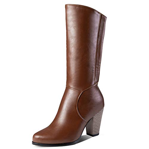MJIASIAWA Damen Klassischer Pointed Toe Cowboy Warm Boots Blockabsatz Weit Calf Equestrian Winter Mode Westernstiefel Reißverschluss Braun Gr 50 EU/52 Asiatisch von MJIASIAWA
