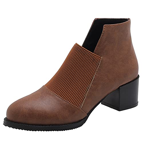 MJIASIAWA Damen Klassischer Stretch Ohne Verschluss Chelsea Stiefel Winter Warm Blockabsatz Stiefeletten Leisure Mode Walking Schuhe Braun Gr 52 EU/54 Asiatisch von MJIASIAWA