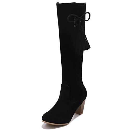 MJIASIAWA Damen Knee Equestrian Franse Klassischer Romisch Reitstiefel Hohen Blockabsatz Winter Retro Leisure Warm Boots Reißverschluss Schwarz Gr 39 EU/40 Asiatisch von MJIASIAWA