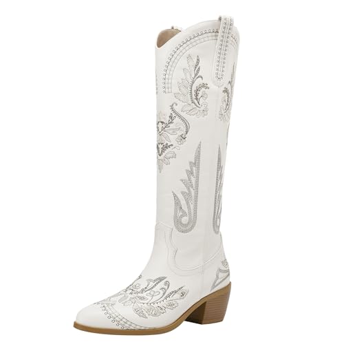 MJIASIAWA Damen Knee High Winter Bestickt Westernstiefel Blockabsatz Draußen Mode Pointed Toe Cowboy Vintage Weiß Gr 40.5 EU/42 Asiatisch von MJIASIAWA